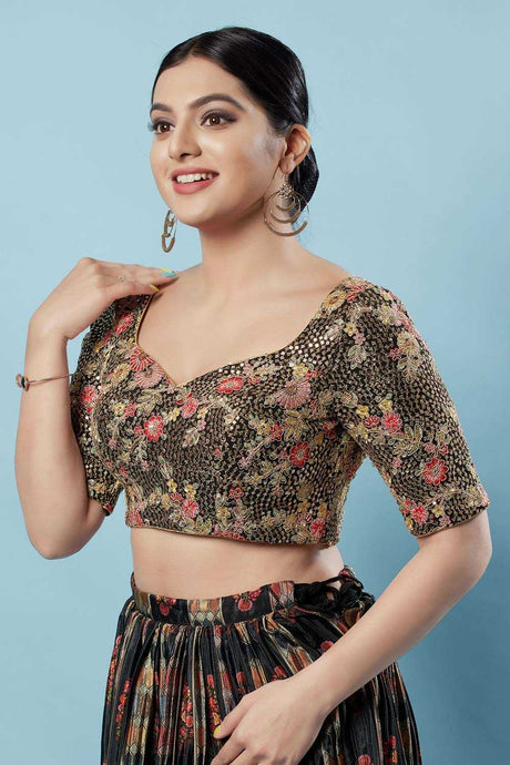 Black Silk Embroidered Short Sleeves Blouse