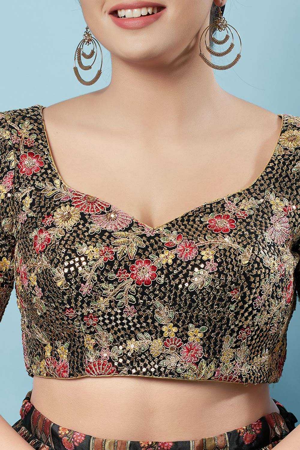 Black Silk Embroidered Short Sleeves Blouse