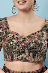 Black Silk Embroidered Short Sleeves Blouse