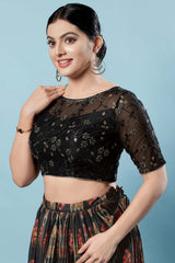 Black Silk Embroidered Short Sleeves Blouse