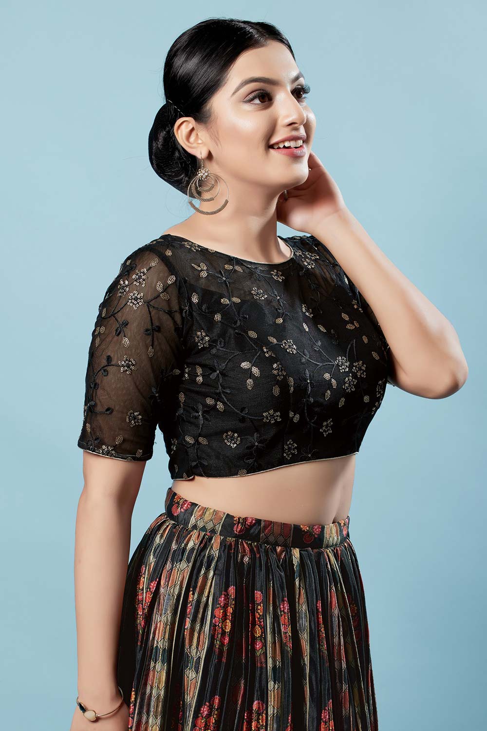 Black Silk Embroidered Short Sleeves Blouse