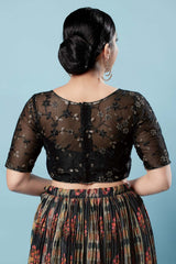 Black Silk Embroidered Short Sleeves Blouse