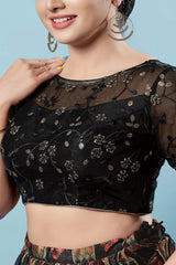 Black Silk Embroidered Short Sleeves Blouse