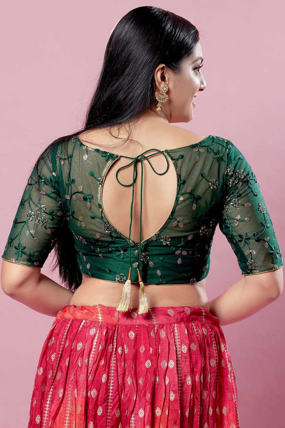 Green Silk Embroidered Short Sleeves Blouse