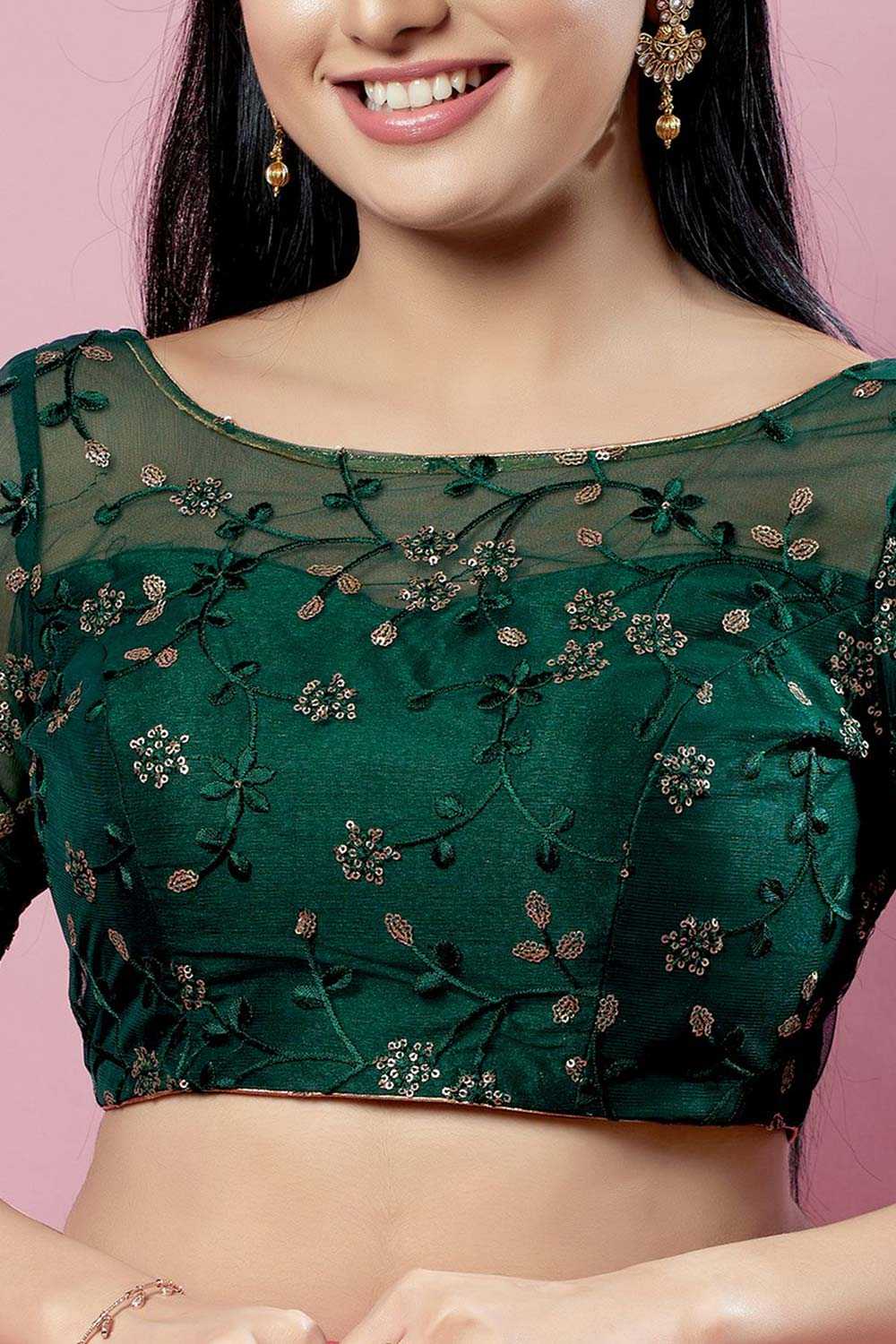 Green Silk Embroidered Short Sleeves Blouse