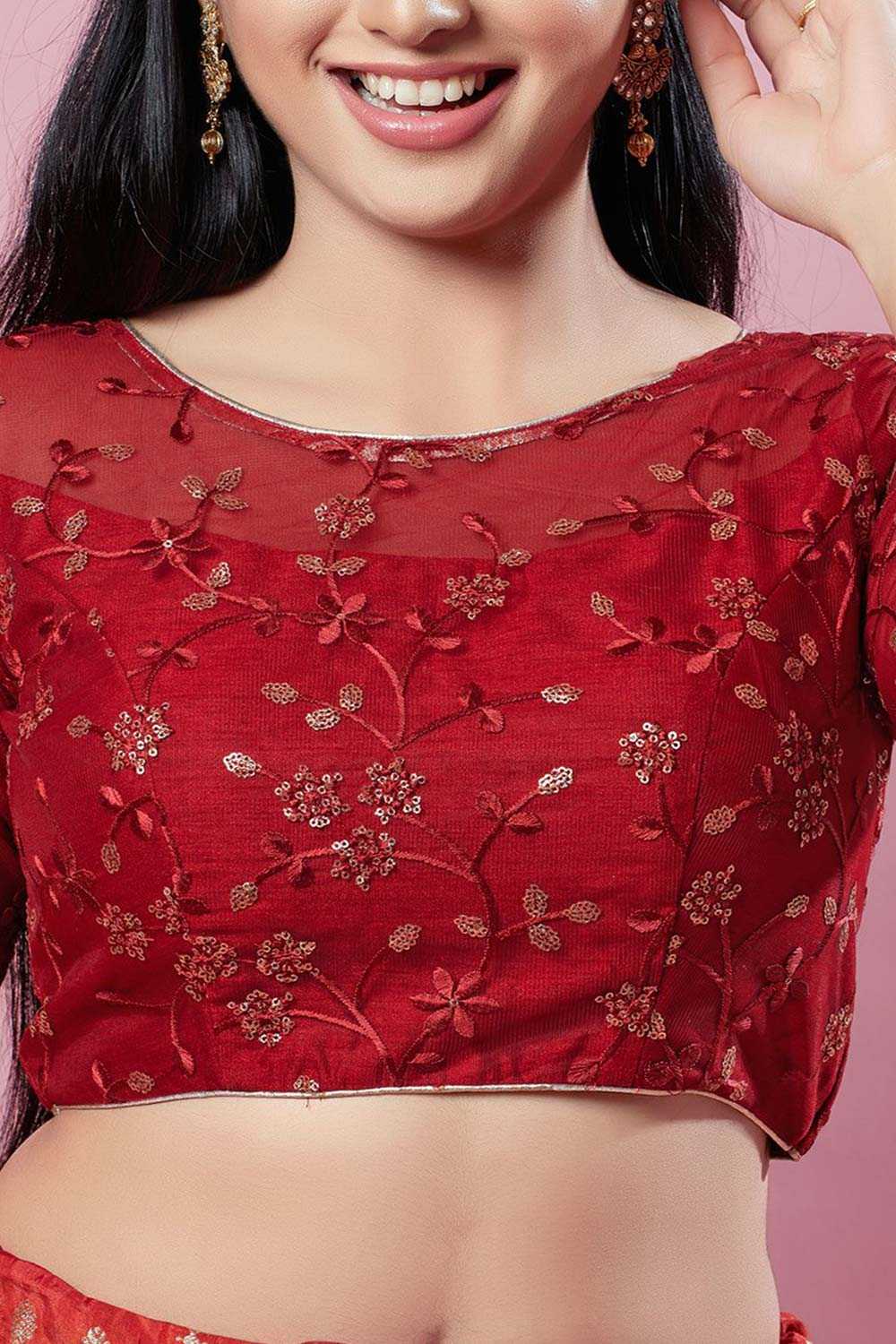 Maroon Silk Embroidered Short Sleeves Blouse