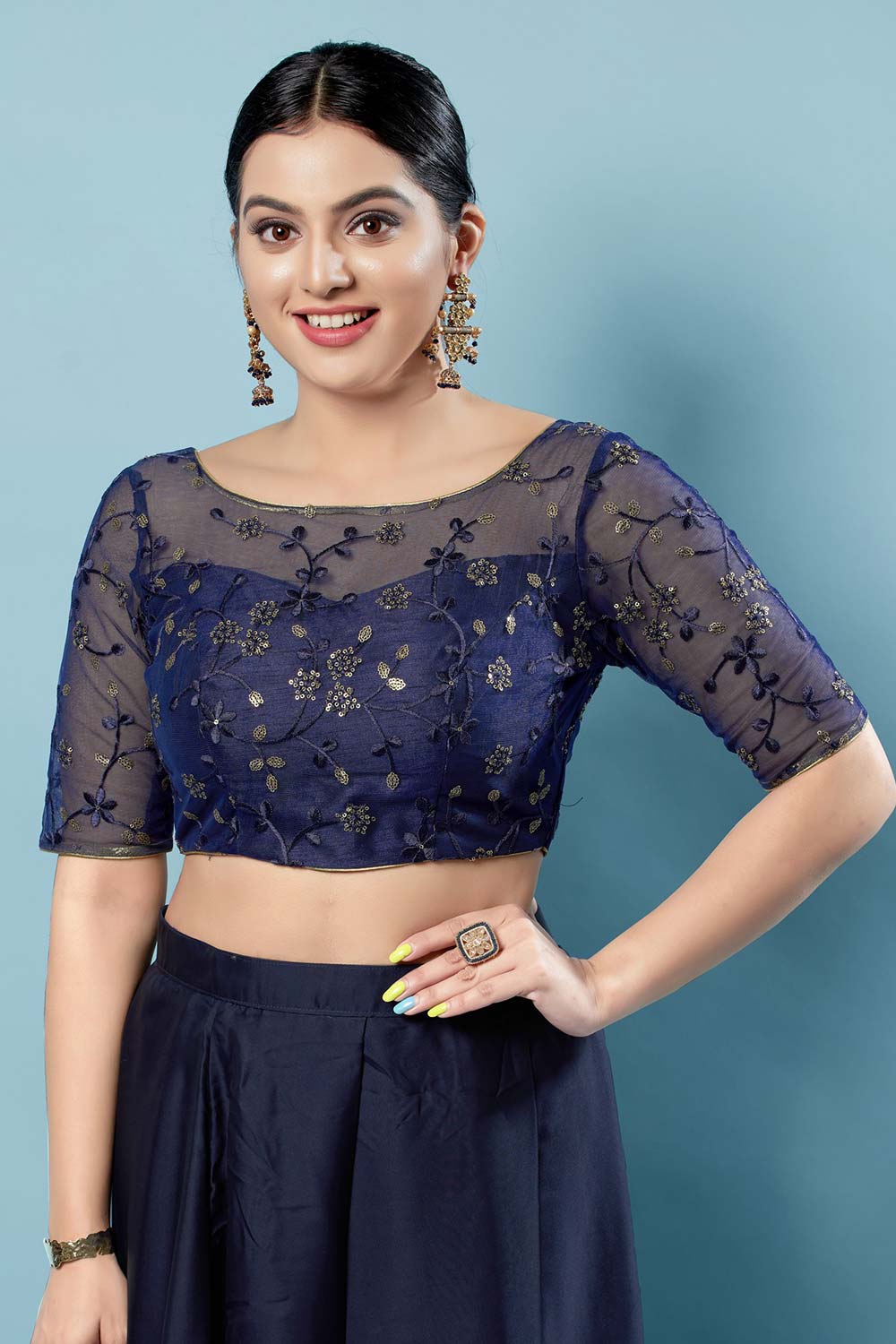 Navy Blue Silk Embroidered Short Sleeves Blouse