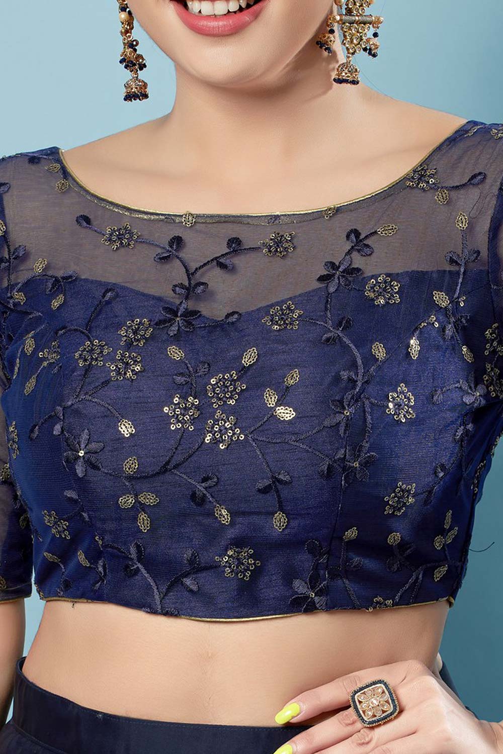 Navy Blue Silk Embroidered Short Sleeves Blouse