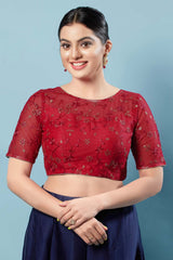 Red Silk Embroidered Short Sleeves Blouse