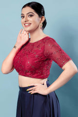 Red Silk Embroidered Short Sleeves Blouse