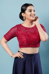 Red Silk Embroidered Short Sleeves Blouse