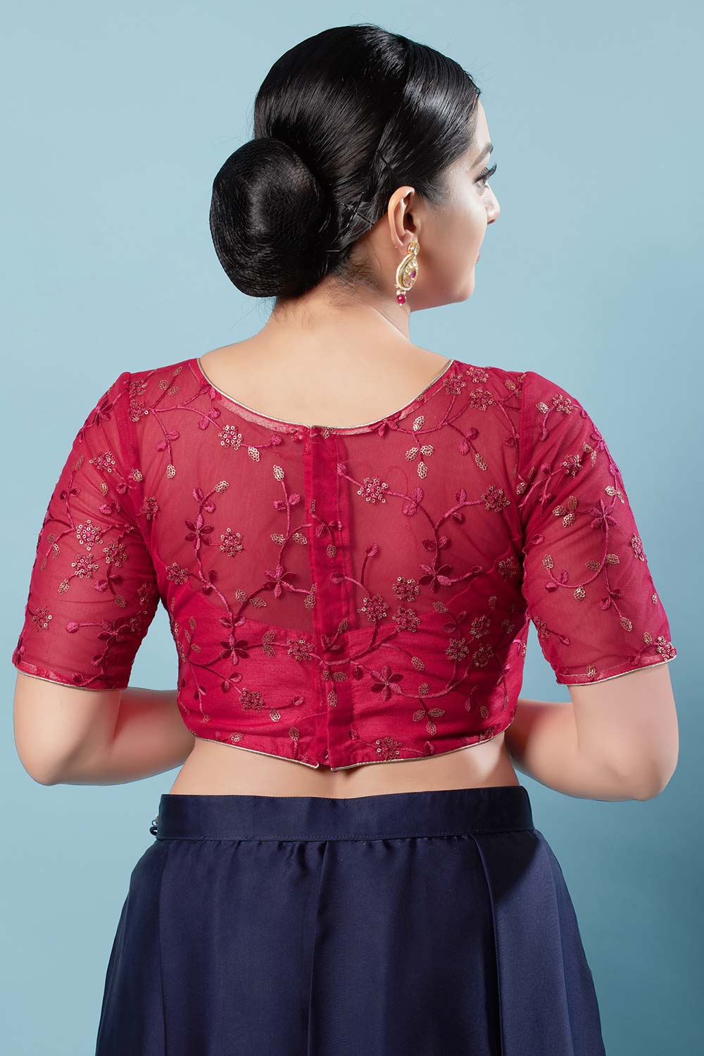 Red Silk Embroidered Short Sleeves Blouse