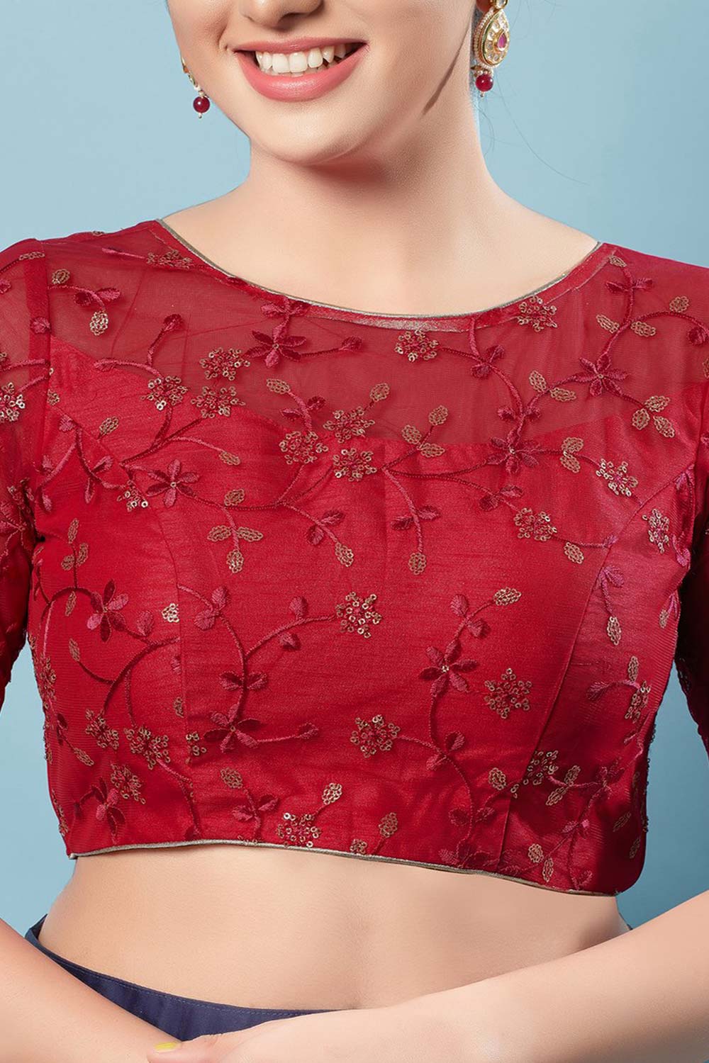 Red Silk Embroidered Short Sleeves Blouse