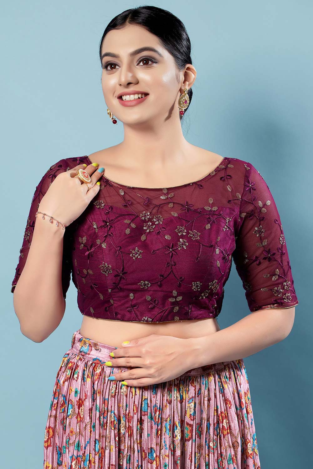 Wine Silk Embroidered Short Sleeves Blouse