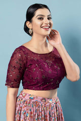 Wine Silk Embroidered Short Sleeves Blouse