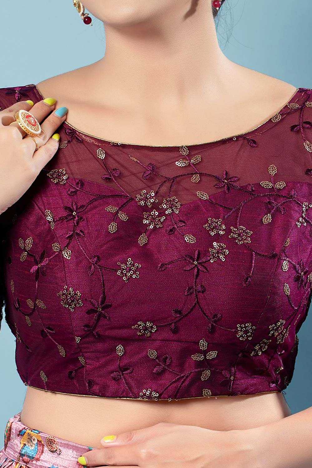 Wine Silk Embroidered Short Sleeves Blouse