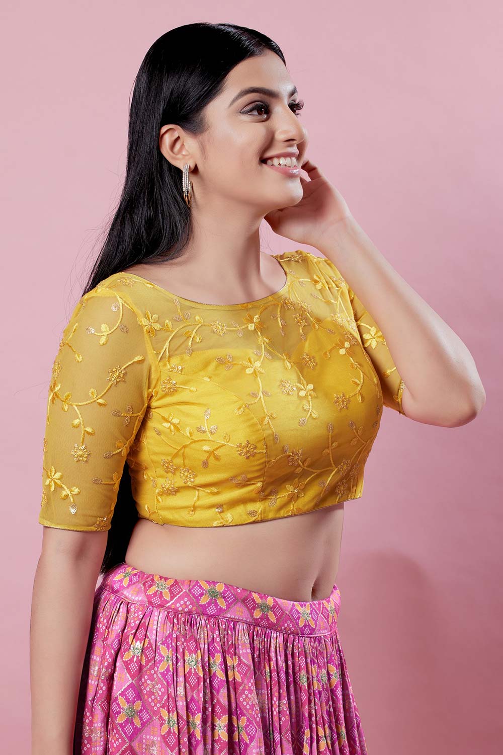 Yellow Silk Embroidered Short Sleeves Blouse