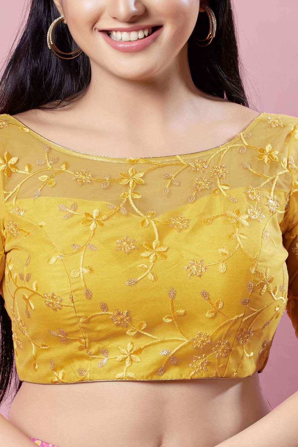 Yellow Silk Embroidered Short Sleeves Blouse