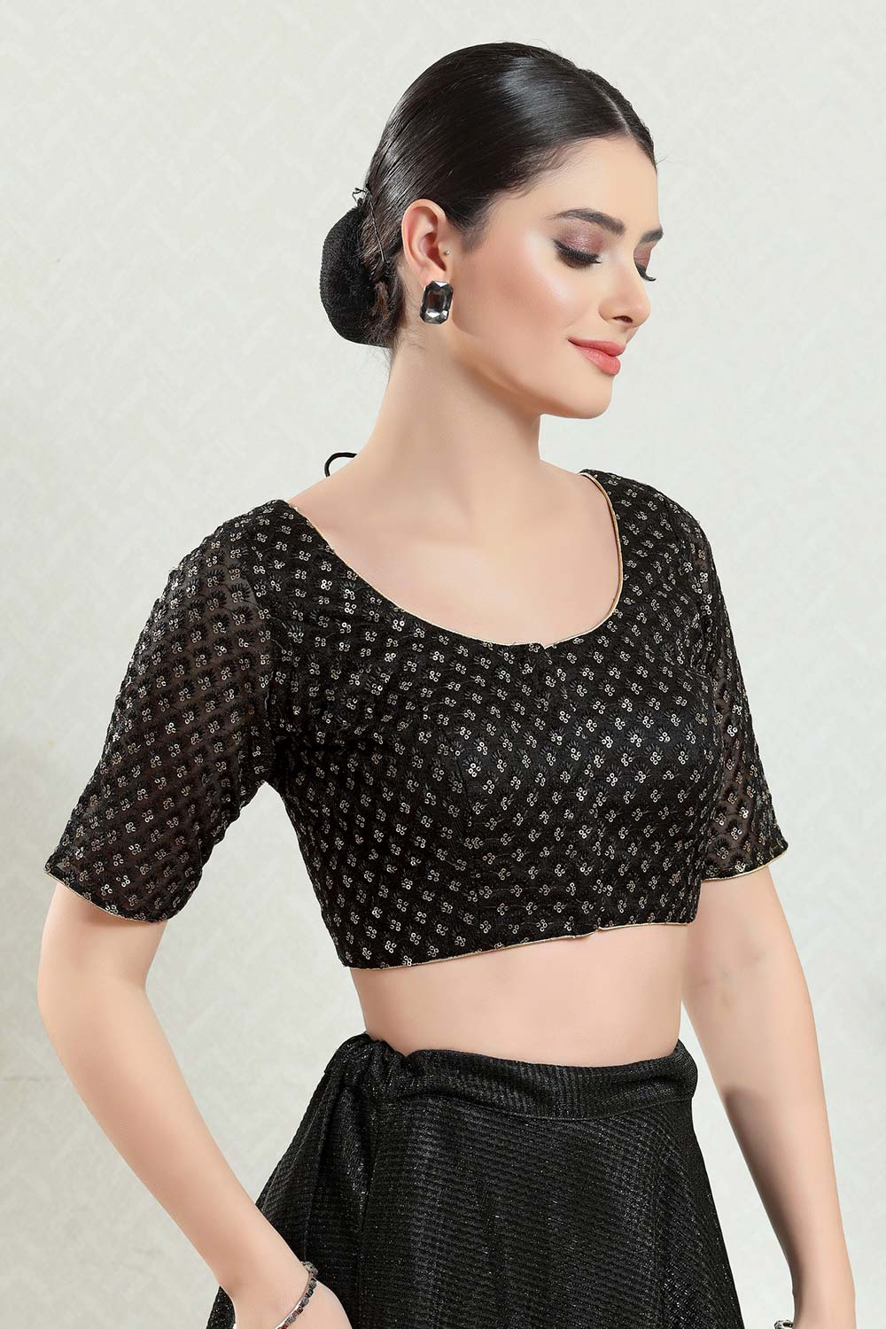 Black Silk Embroidered Short Sleeves Blouse