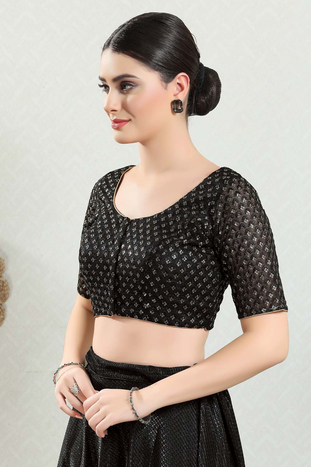 Black Silk Embroidered Short Sleeves Blouse