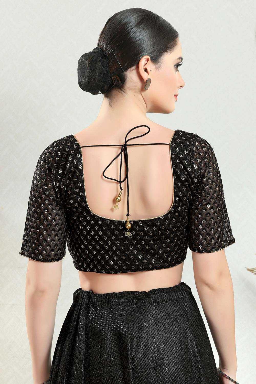 Black Silk Embroidered Short Sleeves Blouse