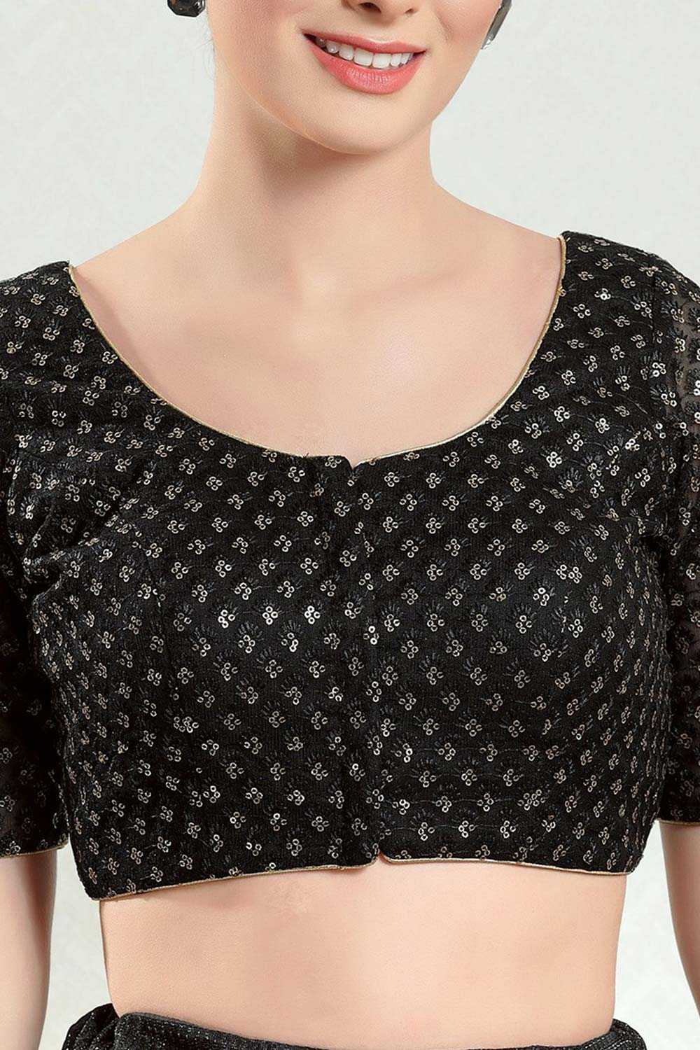 Black Silk Embroidered Short Sleeves Blouse