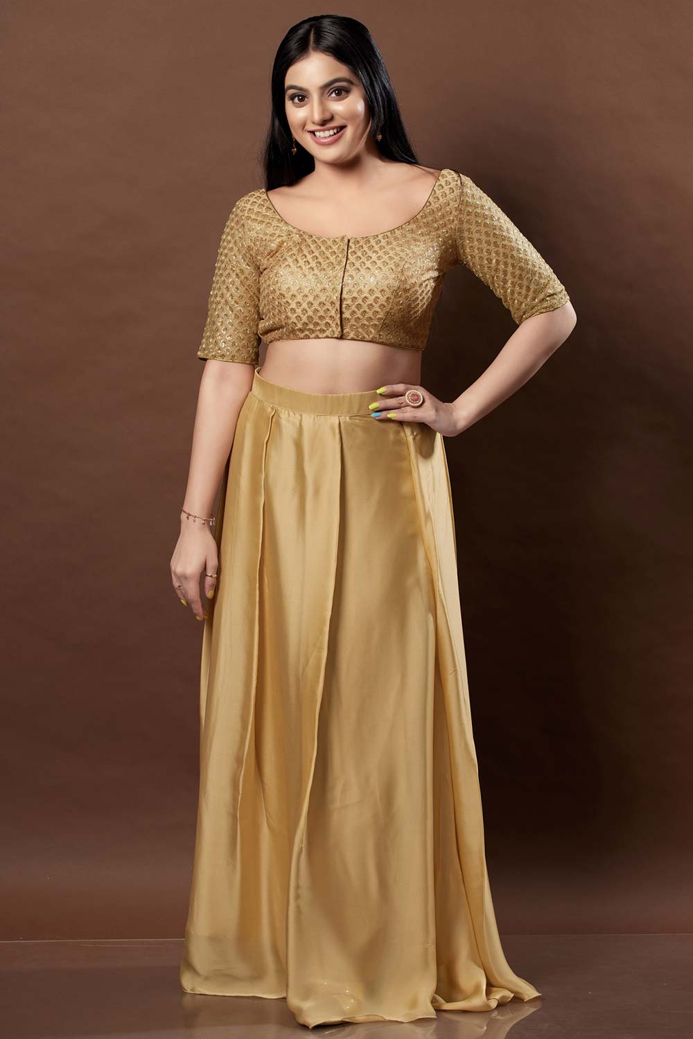 Gold Silk Embroidered Short Sleeves Blouse