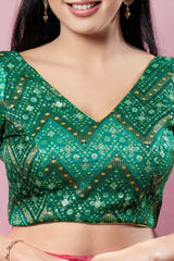 Green Brocade Woven Design Short Sleeves Blouse