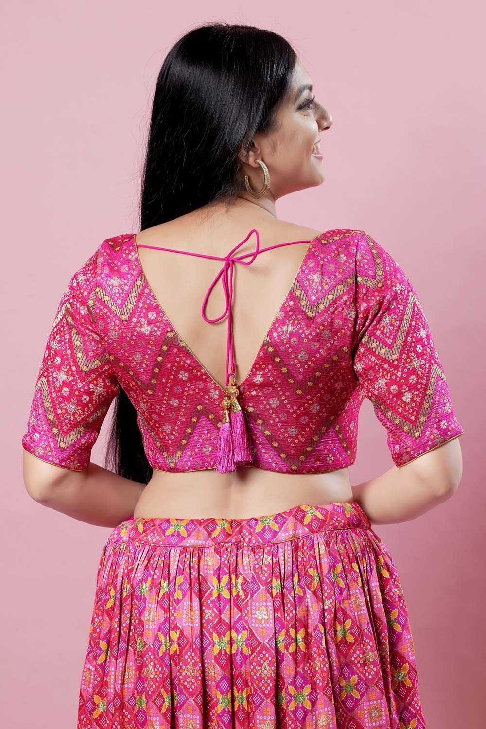 Pink Brocade Woven Design Short Sleeves Blouse