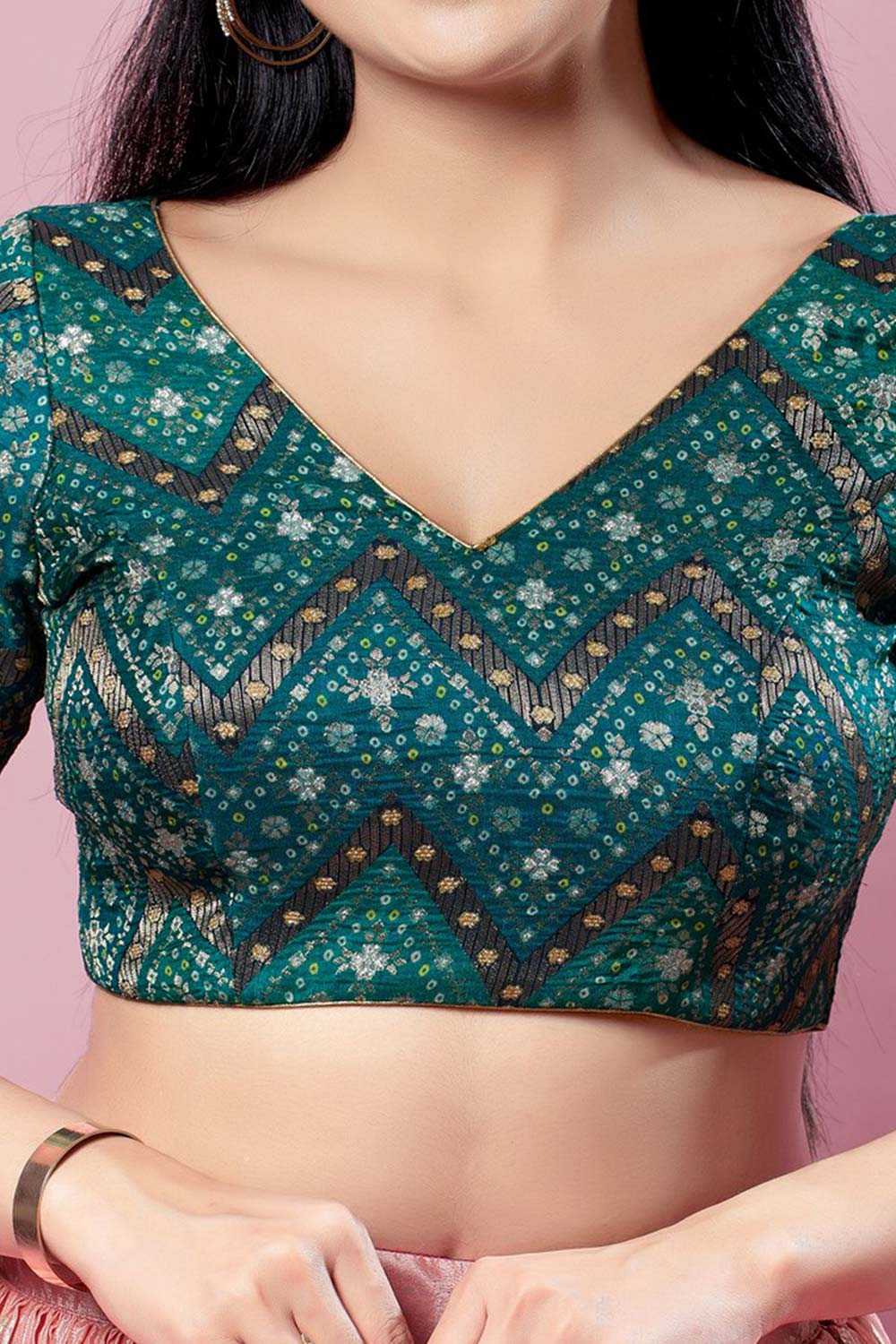 Green Brocade Woven Design Short Sleeves Blouse