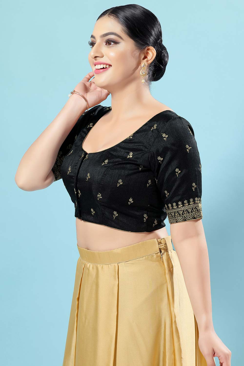 Black Silk Embroidered Short Sleeves Blouse