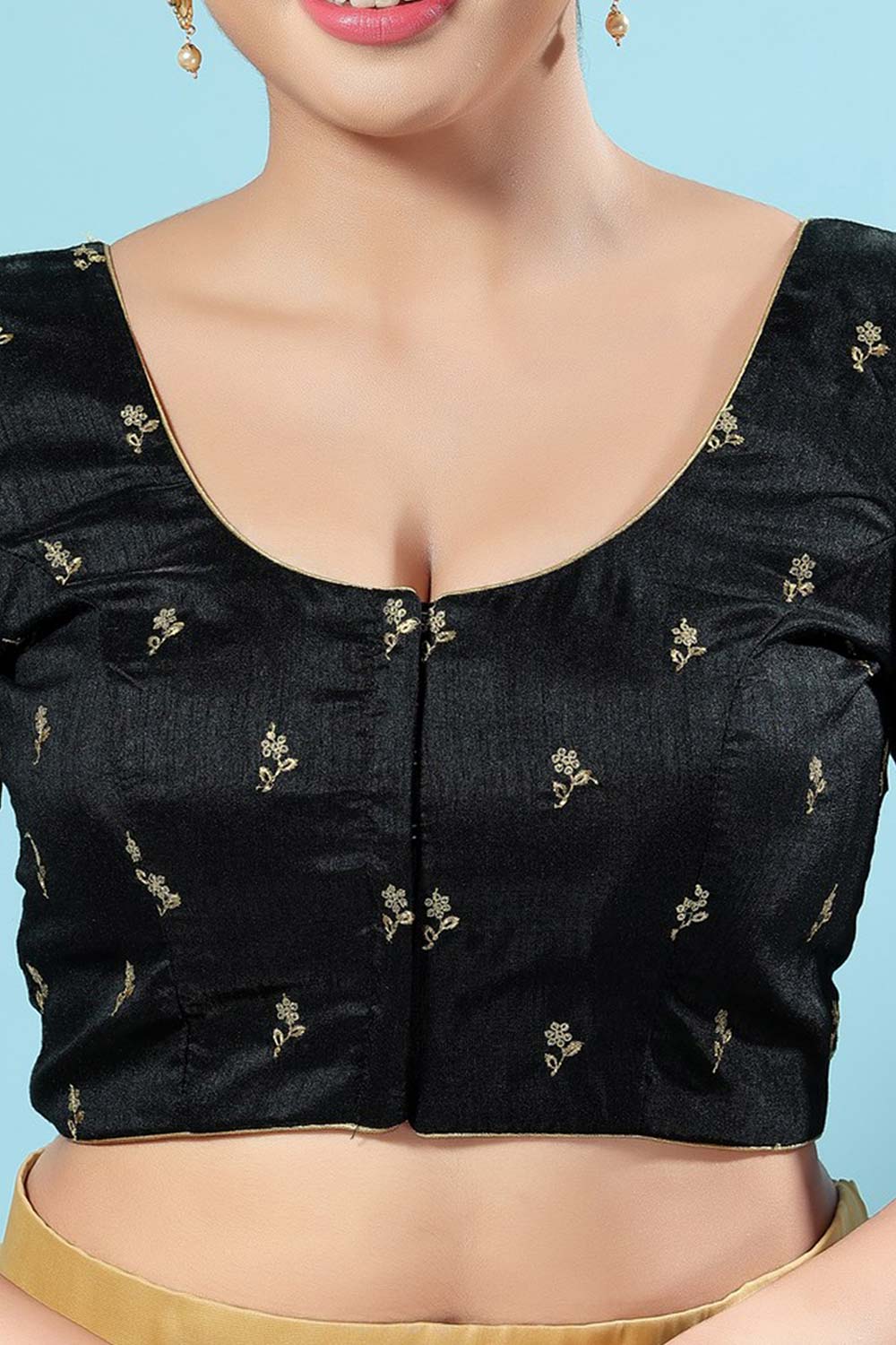 Black Silk Embroidered Short Sleeves Blouse