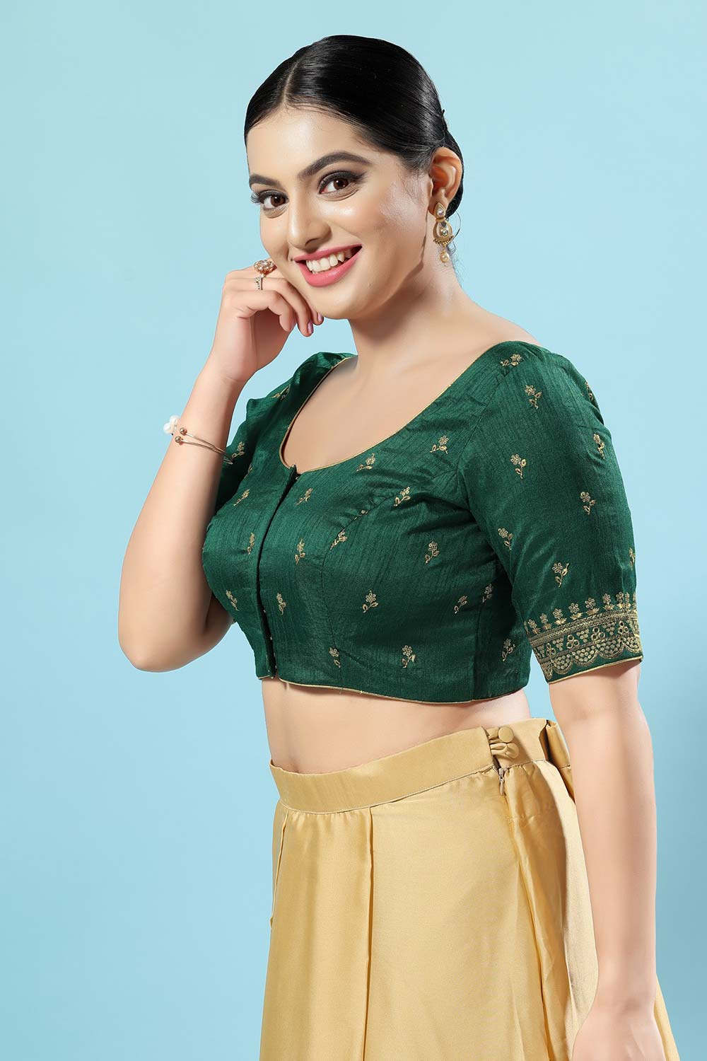 Green Silk Embroidered Short Sleeves Blouse