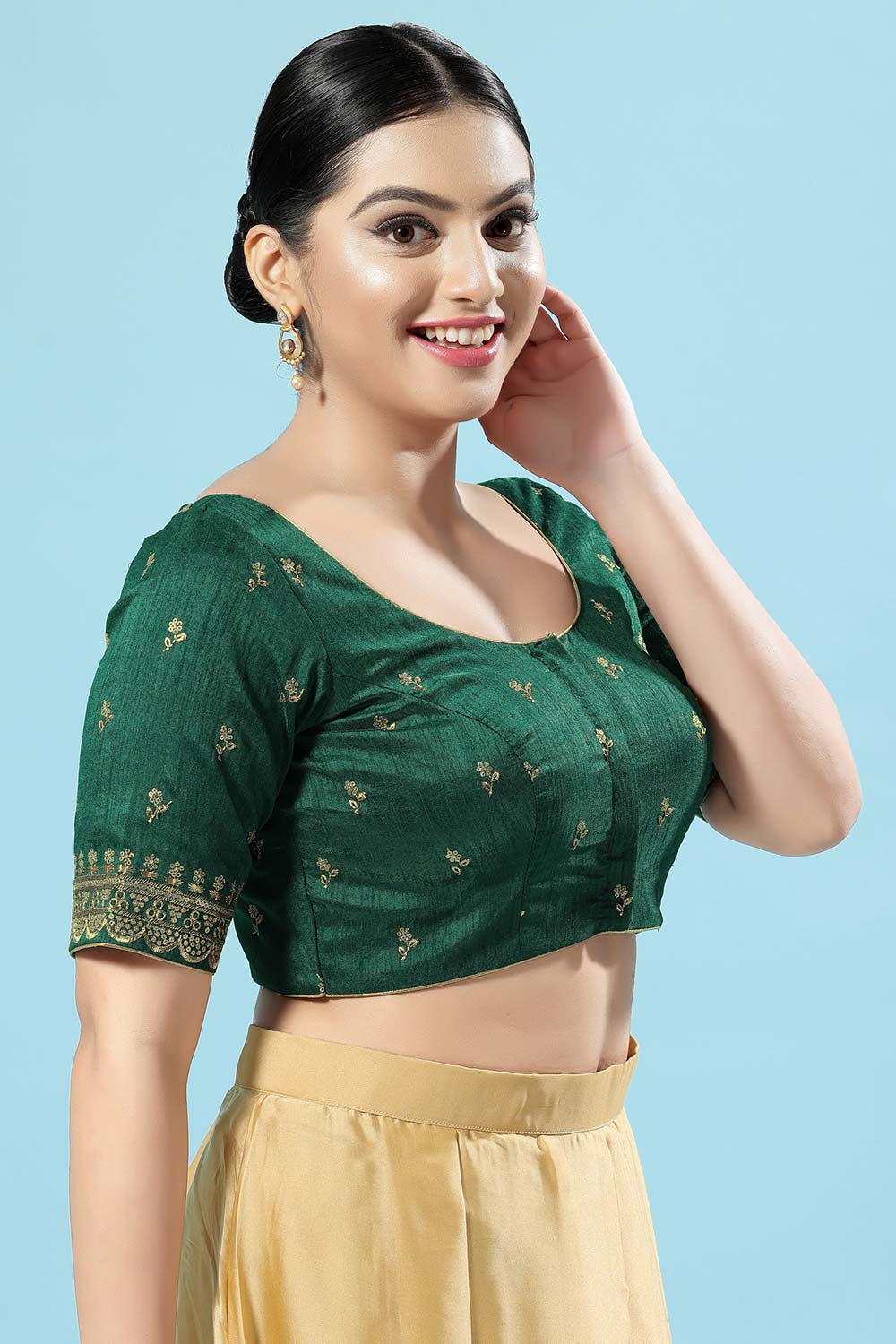 Green Silk Embroidered Short Sleeves Blouse