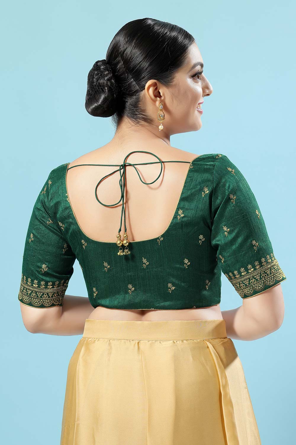 Green Silk Embroidered Short Sleeves Blouse