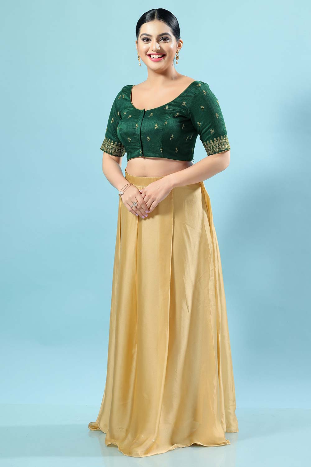 Green Silk Embroidered Short Sleeves Blouse