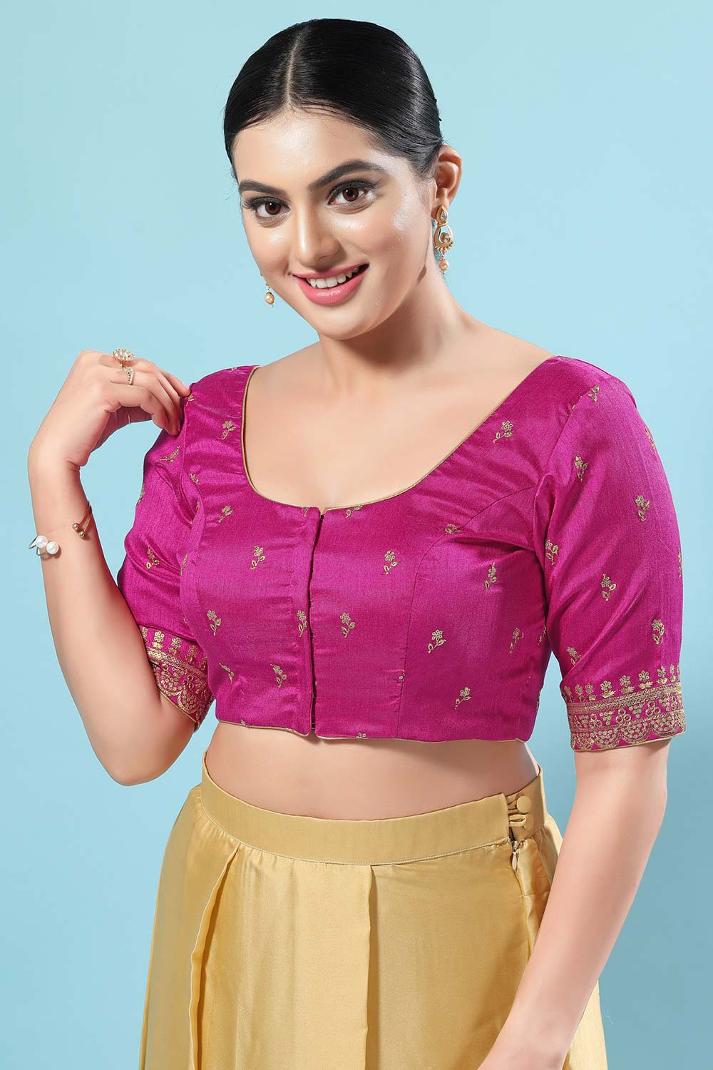 Magenta Silk Embroidered Short Sleeves Blouse