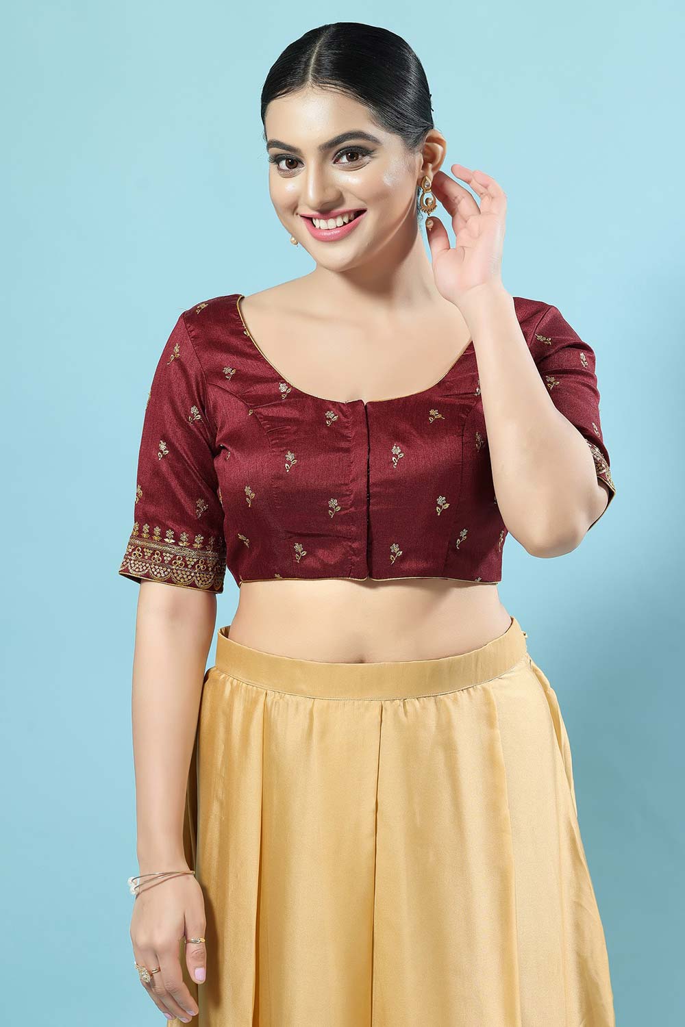 Maroon Silk Embroidered Short Sleeves Blouse