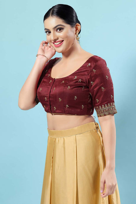 Maroon Silk Embroidered Short Sleeves Blouse