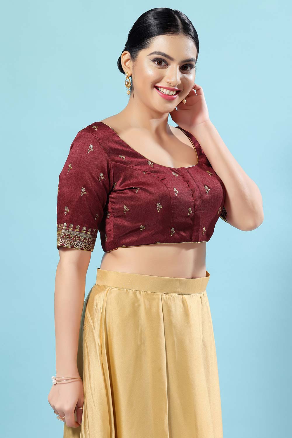 Maroon Silk Embroidered Short Sleeves Blouse