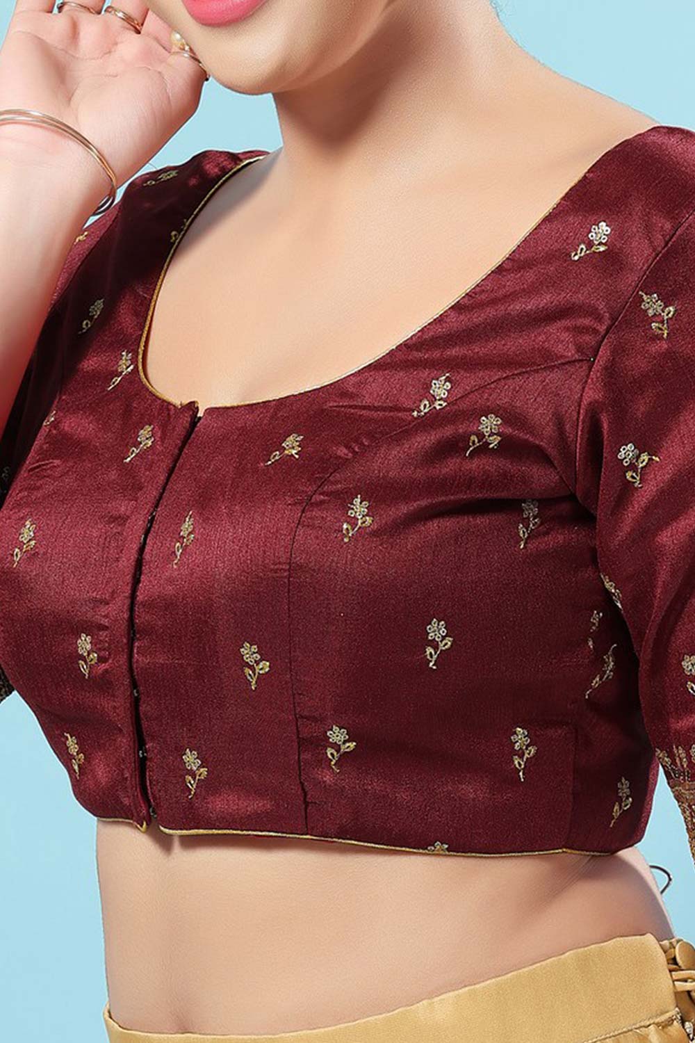 Maroon Silk Embroidered Short Sleeves Blouse