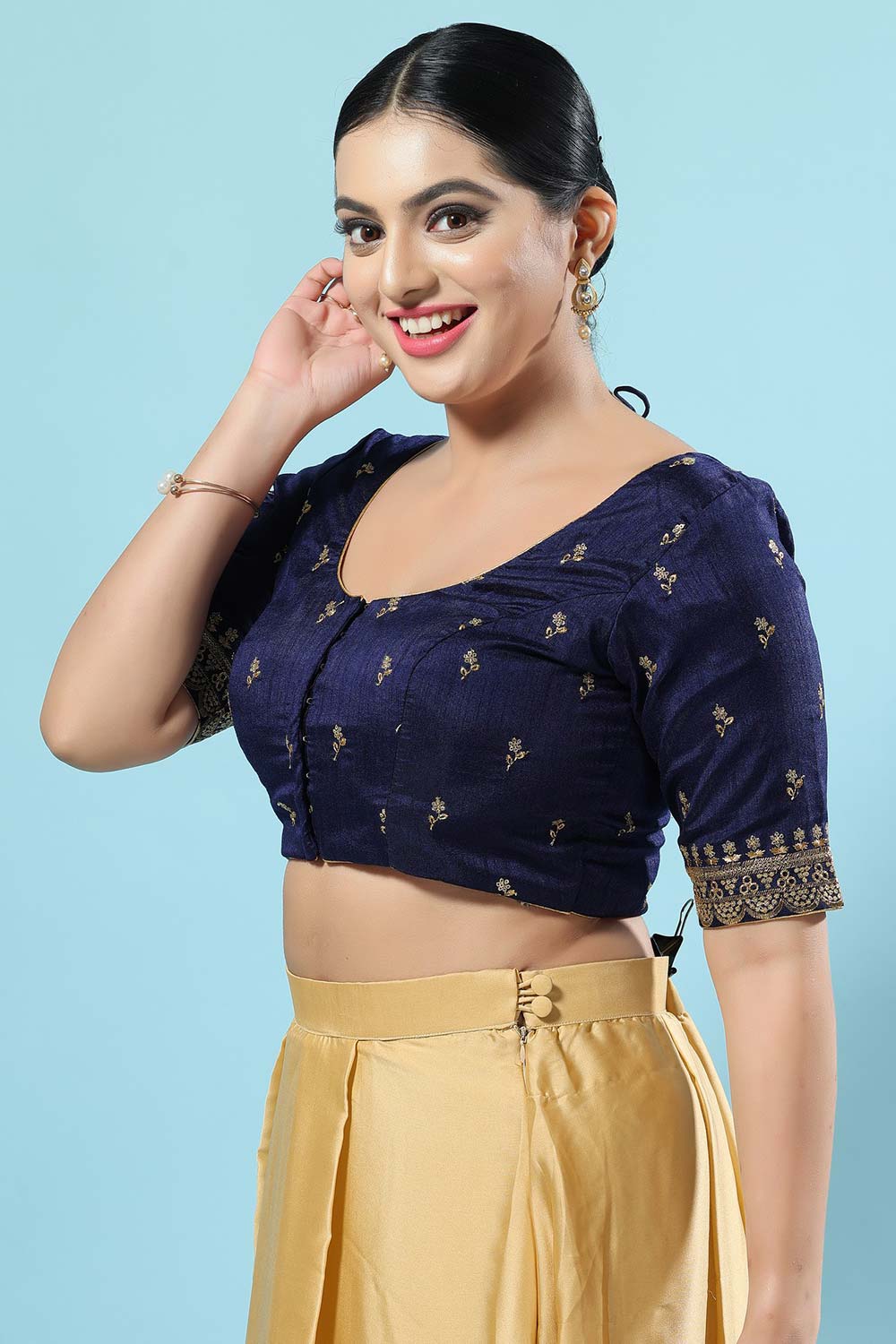 Navy Blue Silk Embroidered Short Sleeves Blouse