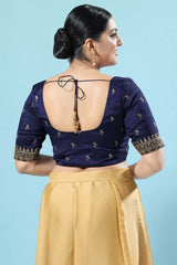 Navy Blue Silk Embroidered Short Sleeves Blouse