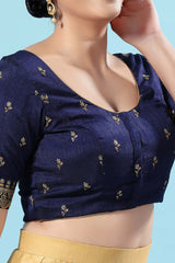 Navy Blue Silk Embroidered Short Sleeves Blouse