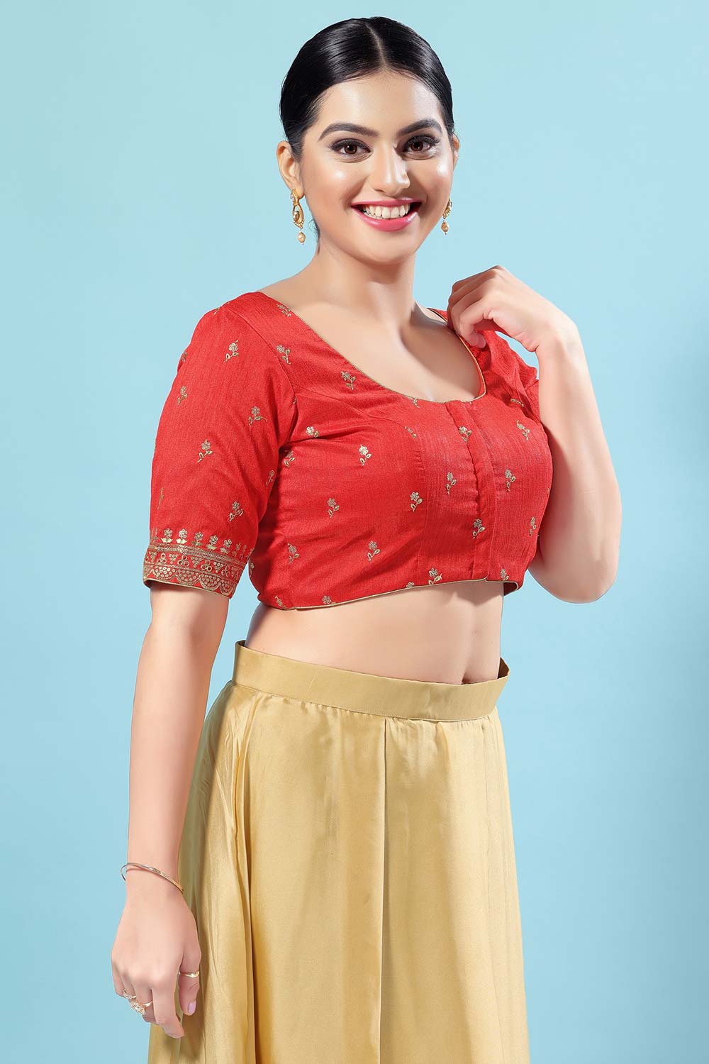 Red Silk Embroidered Short Sleeves Blouse