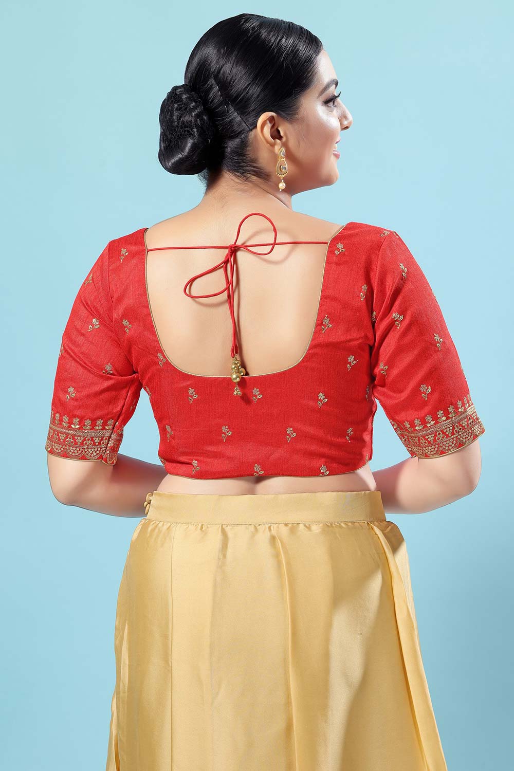 Red Silk Embroidered Short Sleeves Blouse