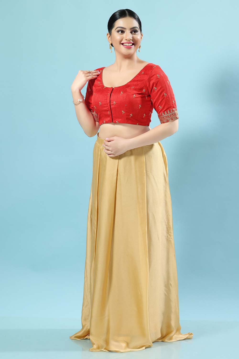 Red Silk Embroidered Short Sleeves Blouse