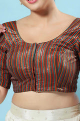 Multicolor Silk Woven Design Short Sleeves Blouse