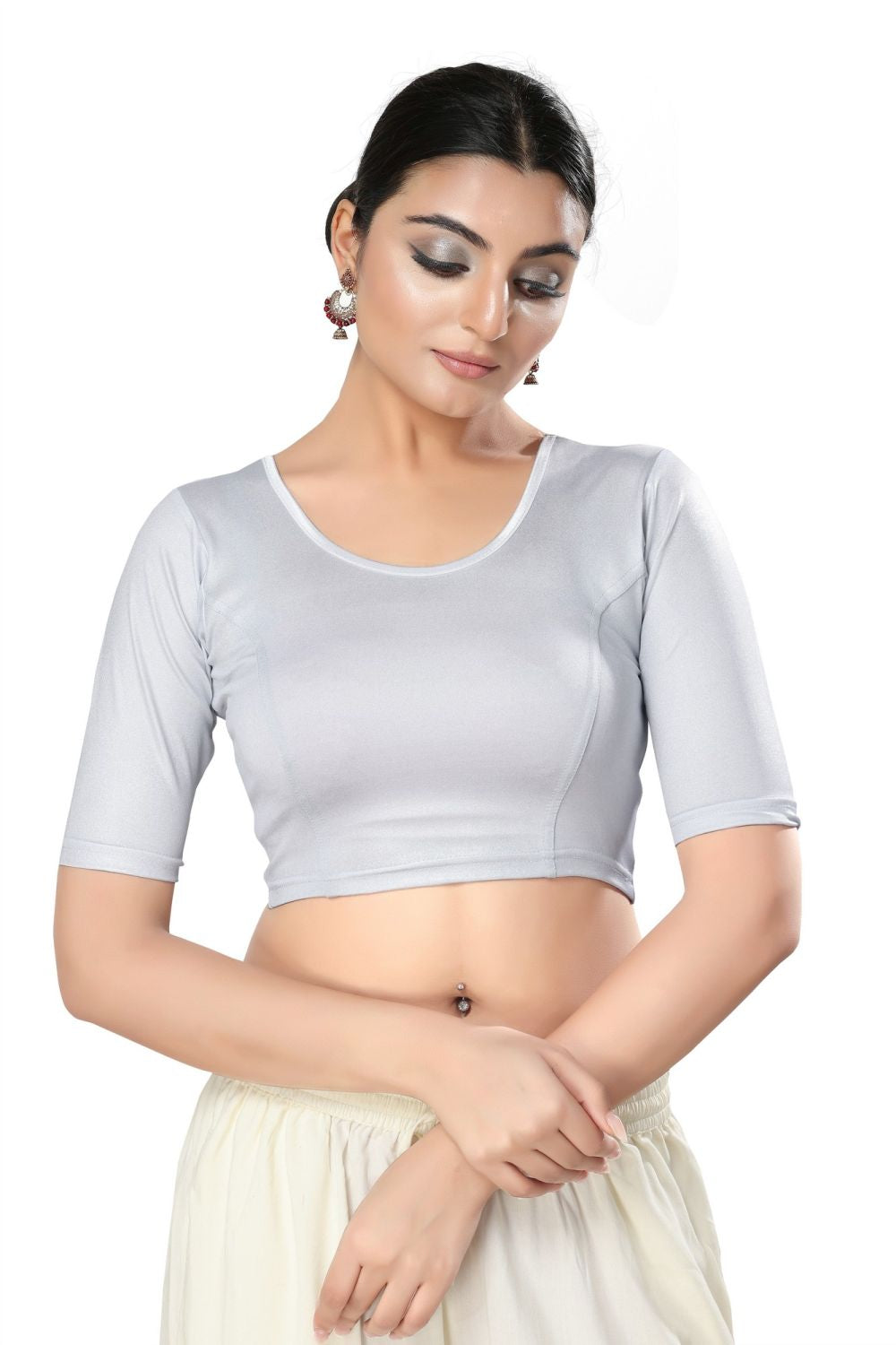Silver Polyester Solid Short Sleeves Blouse