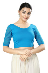 Blue Cotton Solid Short Sleeves Blouse